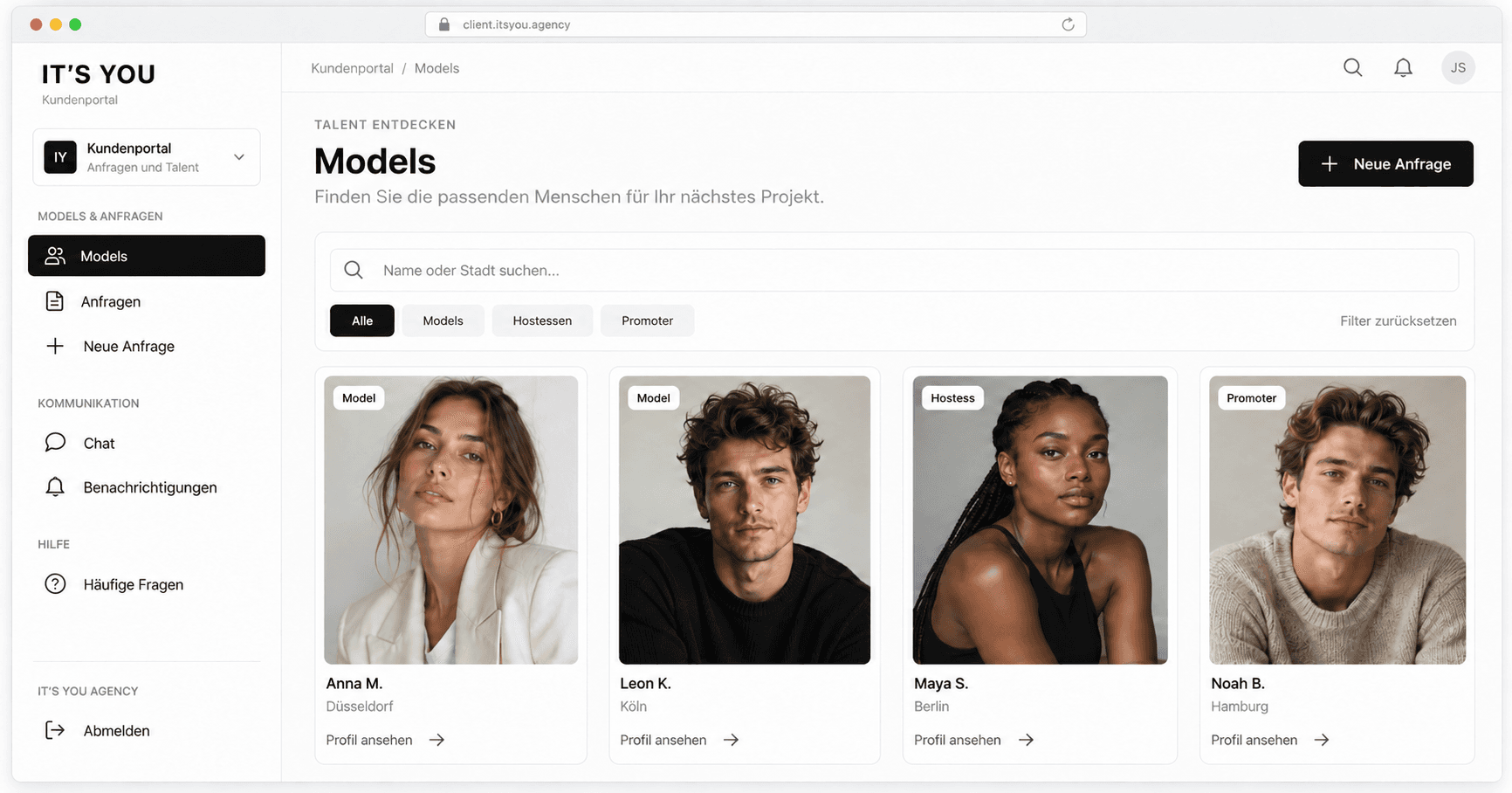 Mockup des IT’S YOU Kundenportals mit Seitennavigation, Talentsuche, Bereichsfiltern und vier beispielhaften Profilkarten.